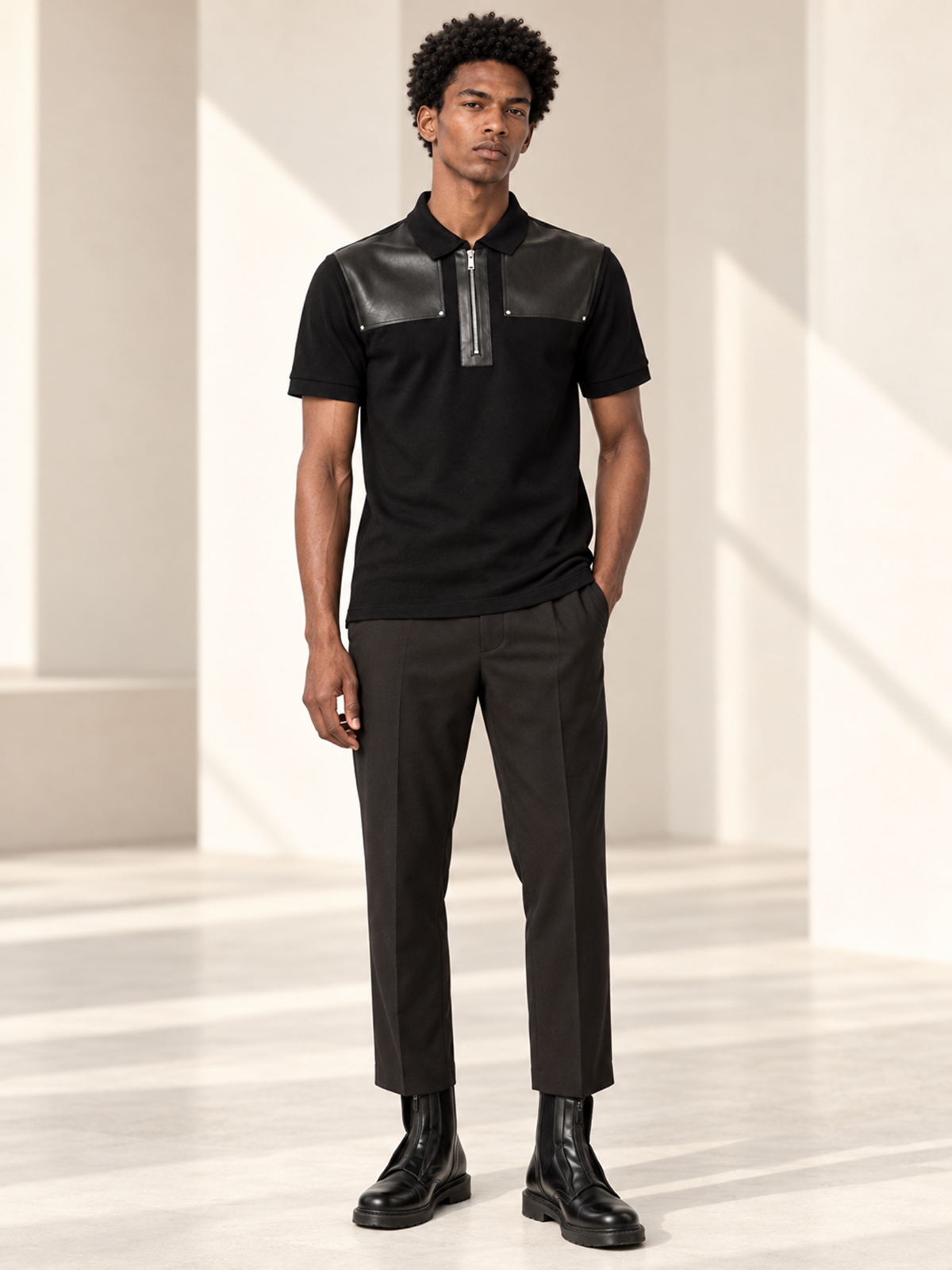 LES HOMMES Leather-Panel Zip Polo Shirt – Black