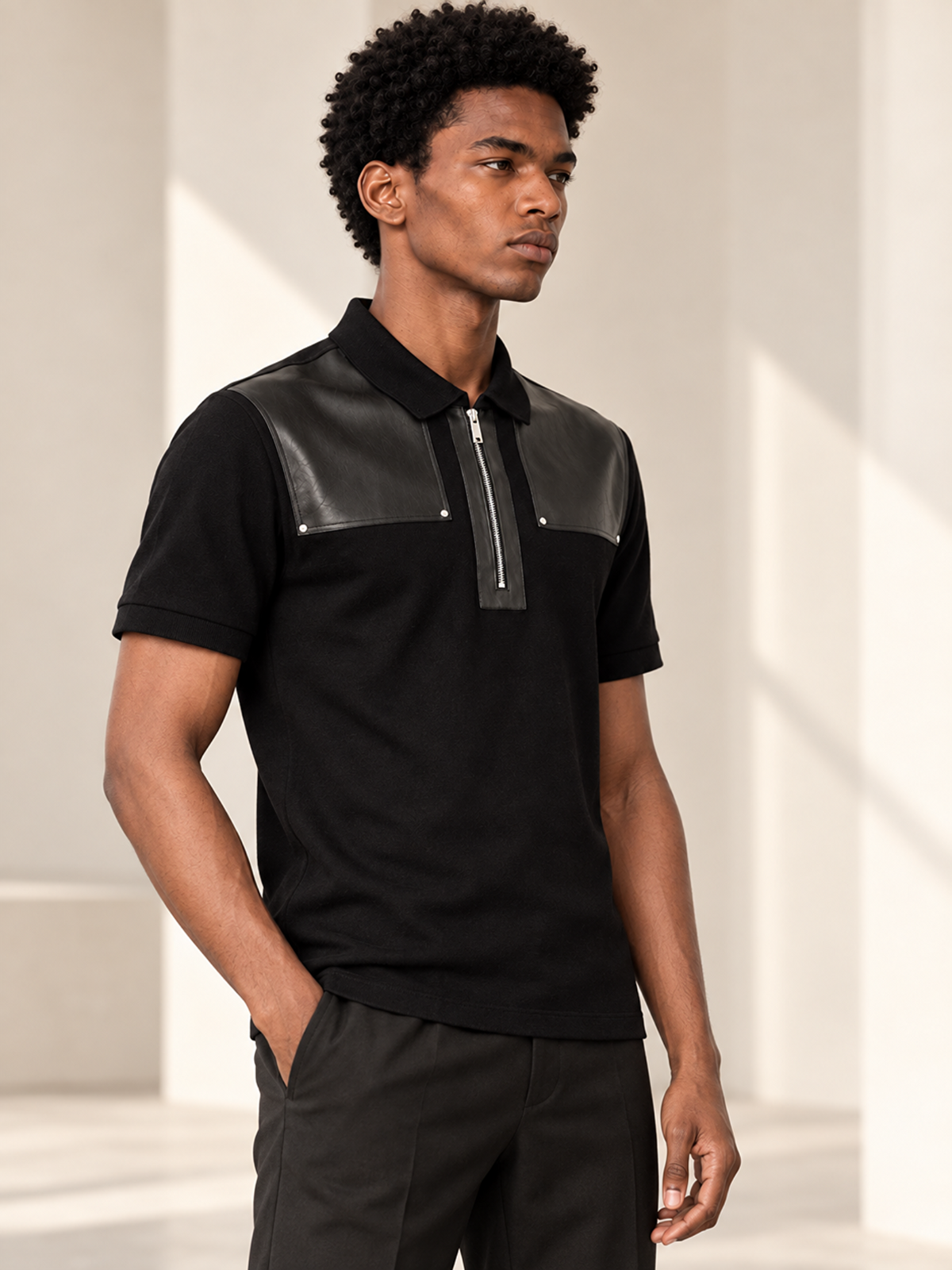LES HOMMES Leather-Panel Zip Polo Shirt – Black