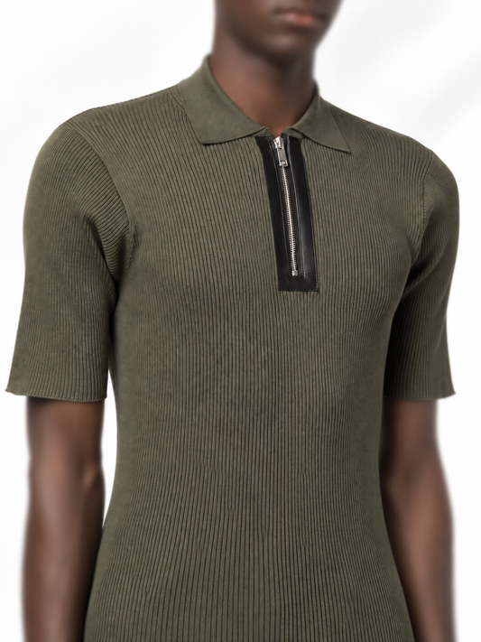 Les Hommes Olive Ribbed Zip Polo Shirt
