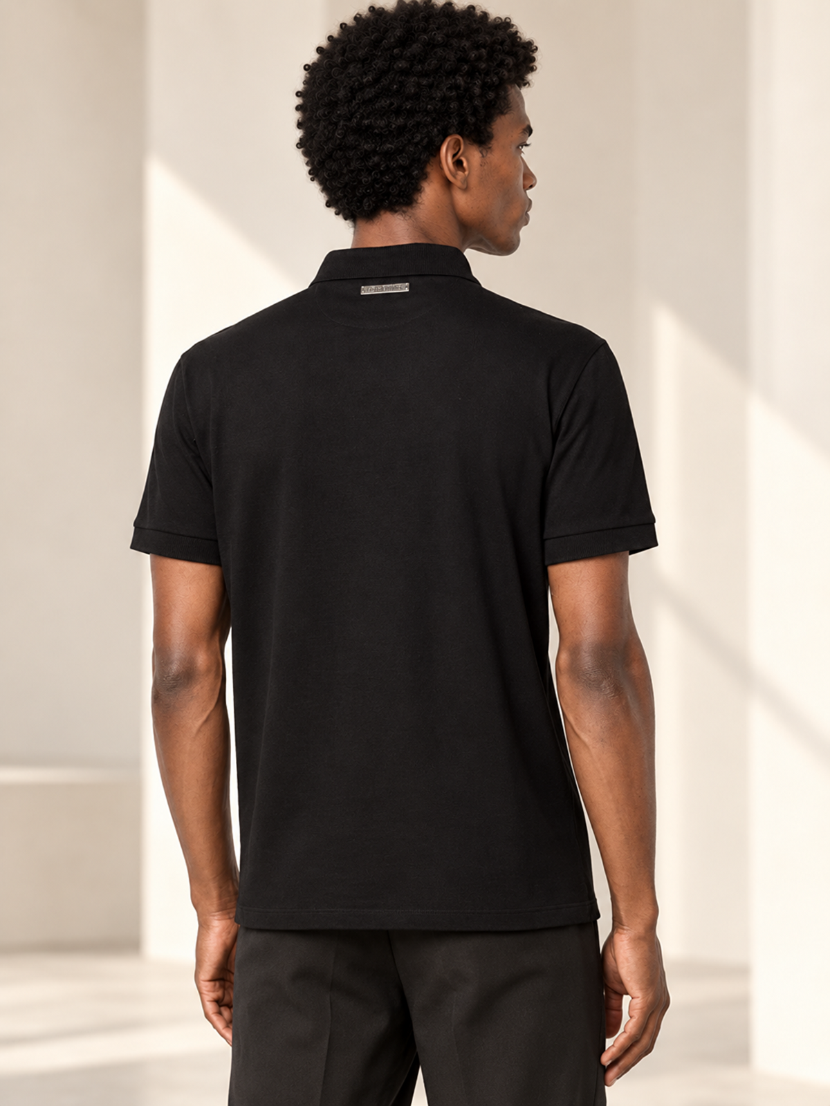 LES HOMMES Leather-Panel Zip Polo Shirt – Black