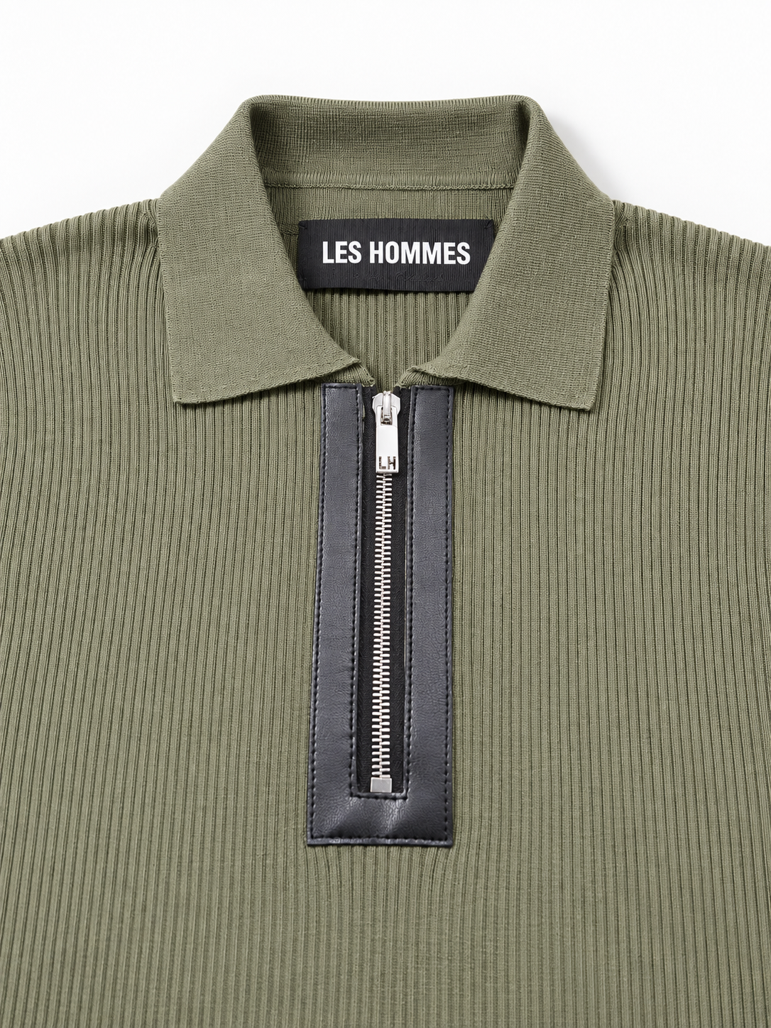 Les Hommes Olive Ribbed Zip Polo Shirt
