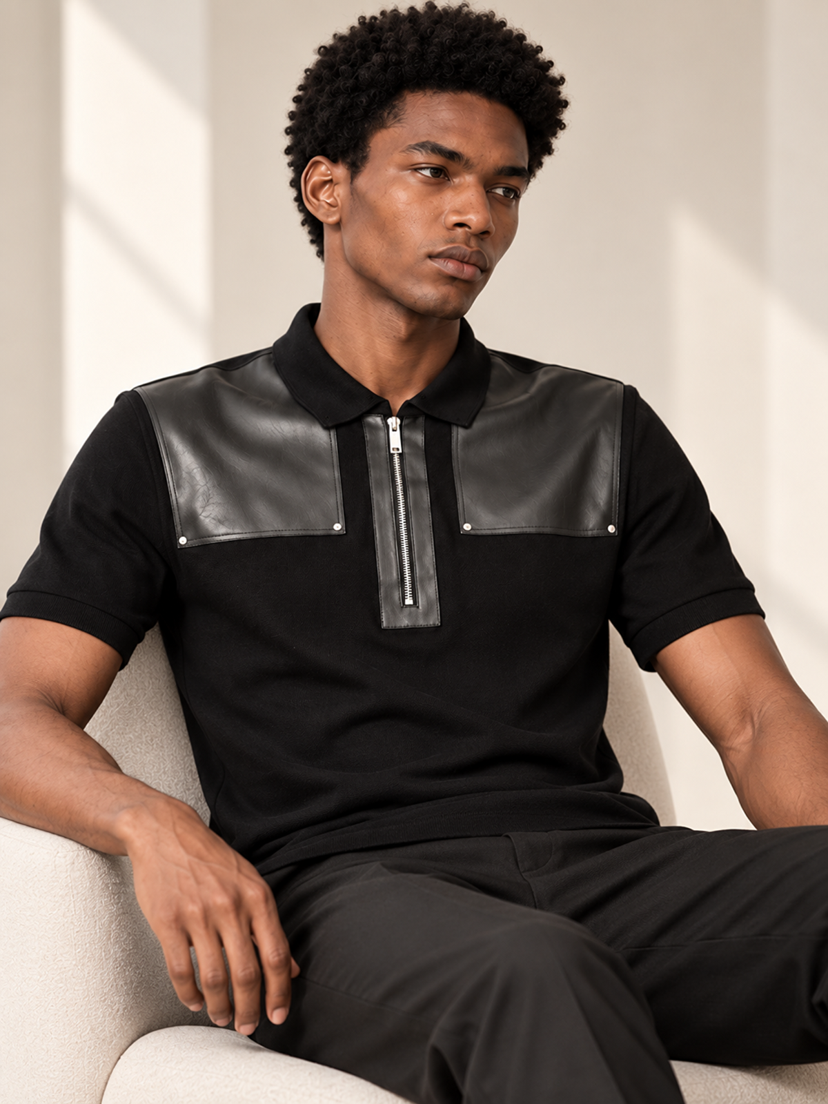 LES HOMMES Leather-Panel Zip Polo Shirt – Black