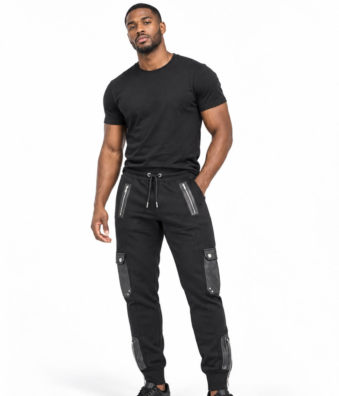 Les Hommes Men’s Genuine Leather Detail Cargo Joggers – Black