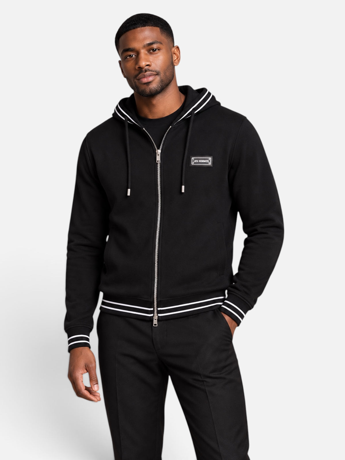 Les Hommes Black hooded Jacket with White Strip detail